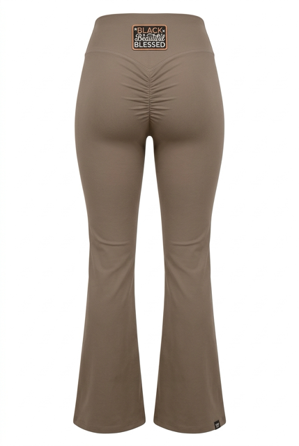 KimiCoco Designs TTHUG tan tummy-control flare leggings, back