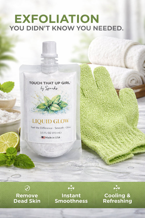Touch That Up Girl Liquid Glow facial exfoliating gel and gloves set