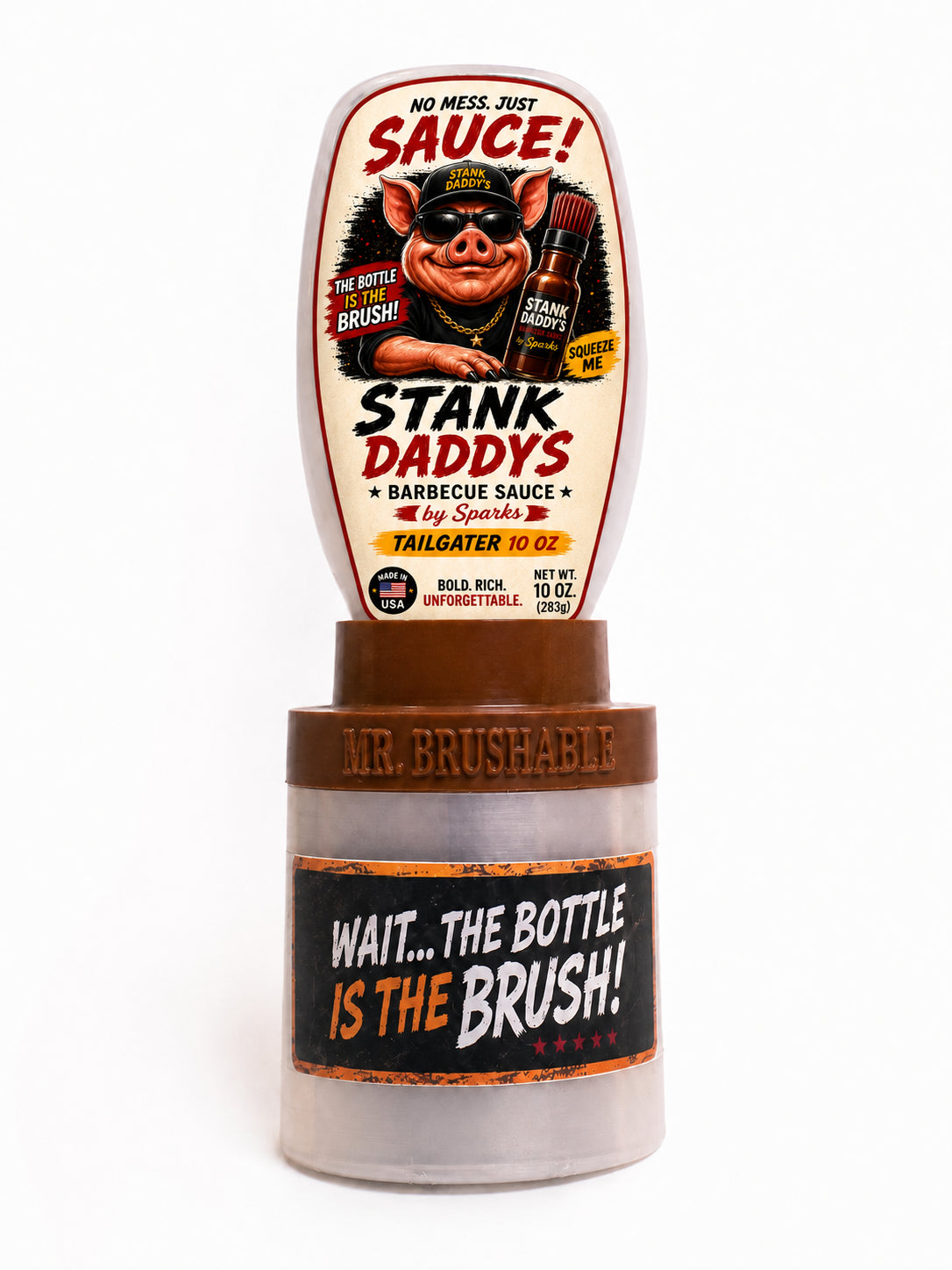 Stank Daddy's barbecue sauce 10 oz Tailgater squeeze bottle with built-in basting brush by Mr. Brushable