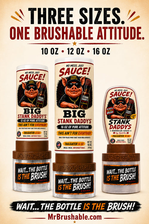 Stank Daddy's barbecue sauce with built-in basting brush, Mr. Brushable by Sparks