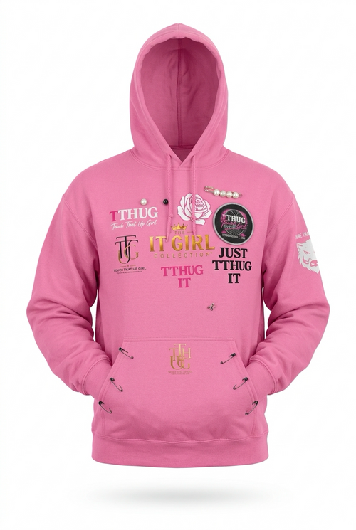 Pink unisex TTHUG hoodie, front, KimiCoco Designs